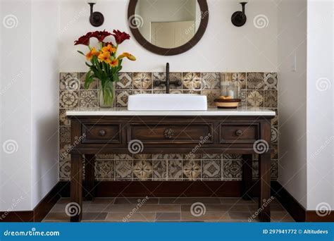 Spanish Revival Styled Vanity with Pattern-tiled Backsplash Stock Photo ...