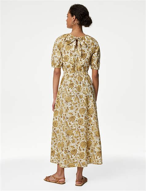 Buy Pure Cotton Floral Midi Waisted Dress at Marks & Spencer