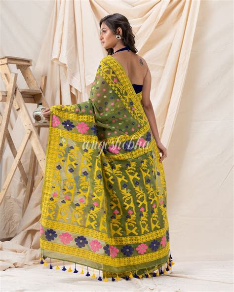 Traditional Green Yellow Soft Dhakai Jamdani Saree – angoshobha