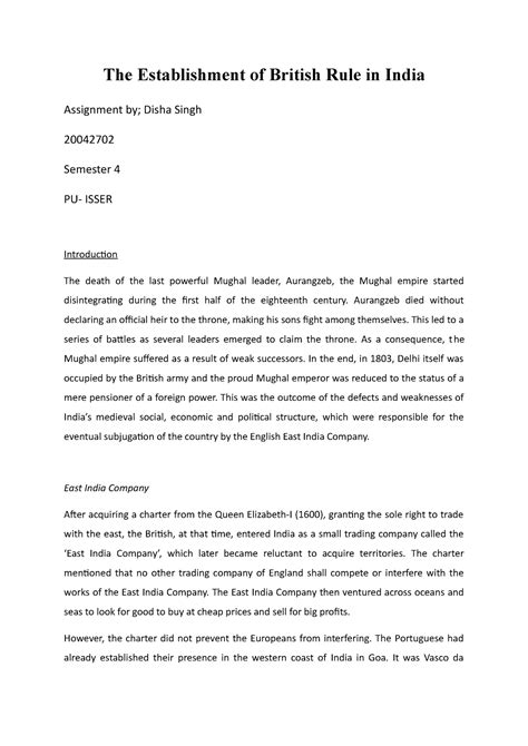 History assignment - Colonization of India - The Establishment of ...