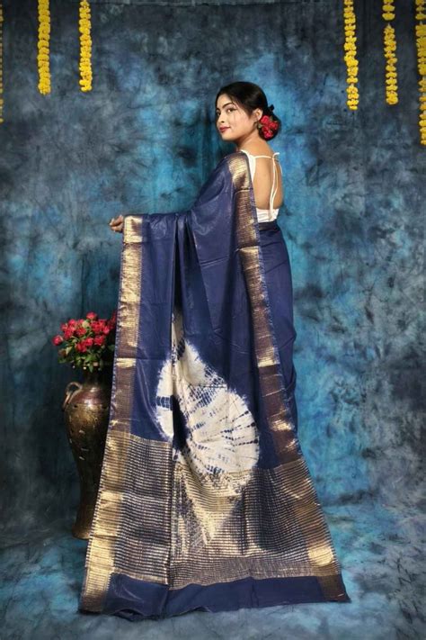 Blue Maheshwari Silk with Bandhani Pattern & Zari Border Ready To Wear ...