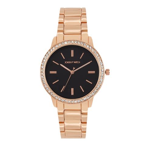 Joker & Witch Halo Black Dial Rose Gold Metallic Strap Rhinestone Watch ...