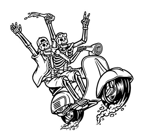 Skull riding a motorcycle while having fun line illustration | Premium ...