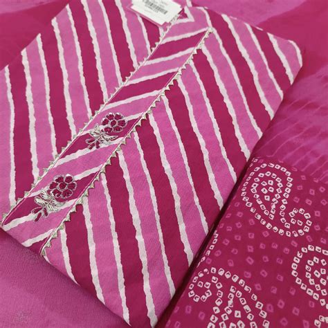 Set 7-17th Aug - Hot Pink Cotton Leheria Suit - Gota Lace Neck Tie ...