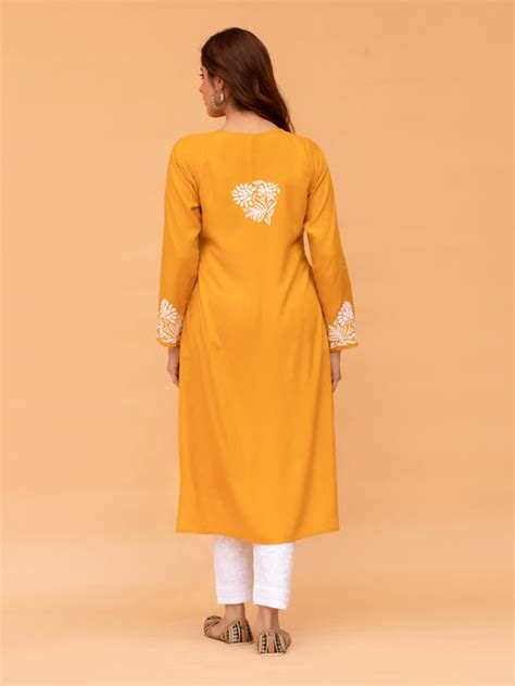 Saba Chikankari Kurta in Rayon cotton - Mustard - House Of Kari ...