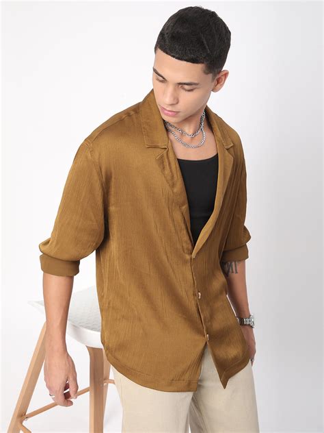 Glinty Tawny Brown Notched Lapel Collar Creased Oversized Shirt – Vastrado