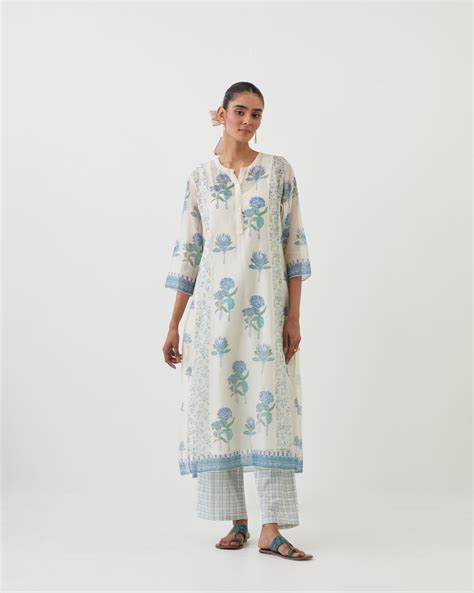 Buy - Amrita blue printed multi-panel kurta set | Elan Store
