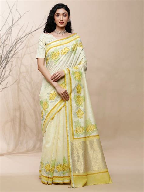 Buy Pastel Yellow Hand Block Printed Chanderi Silk Saree | SL/24/011 ...