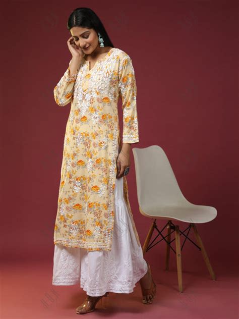 Samma Mul Printed Hand Embroidery Chikankari Kurta- Yellow - House Of ...