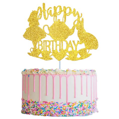 Buy Gold Glittery Alice in Wonderland Cake Topper, Bunny Happy Birthday ...