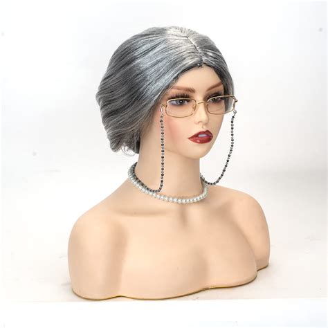 Buy Xnetsby Old Lady Wig with Glasses Chain, Pearl Necklace, Old Lady ...