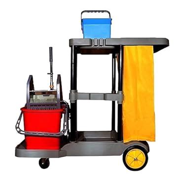 BEPL Commercial Cleaning Trolley with 3 Buckets, Fold-Away Bin and Mop ...