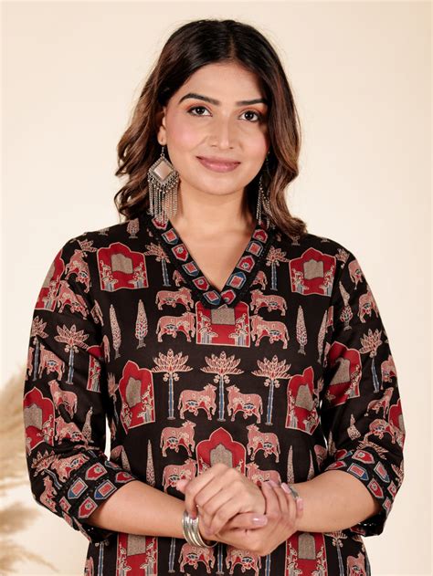 Buy Soft Cotton Mughal Print Straight Black Kurta & Trousers TP2280T ...