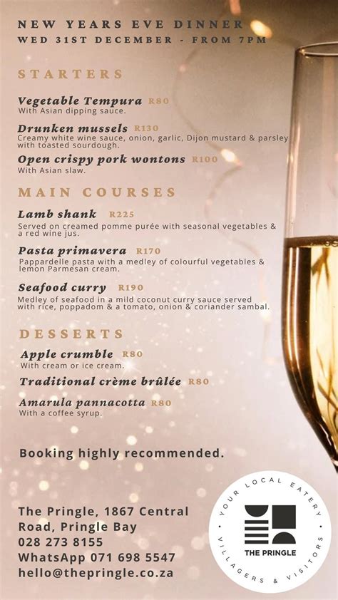 New Year’s Eve dinner at The Pringle , 1867 Central Road, Pringle Bay ...
