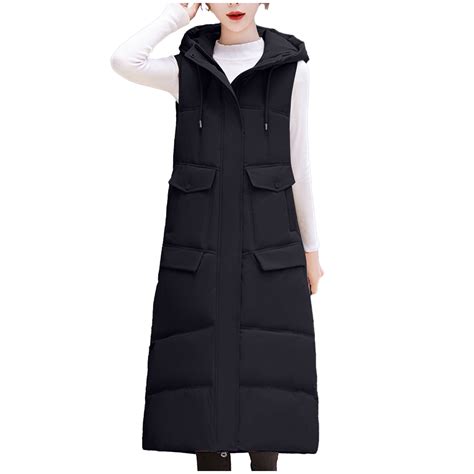 BLVB Women's Long Quilted Vest Hooded Maxi Length Sleeveless Puffer ...