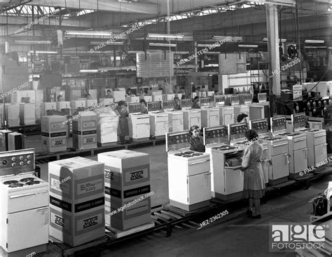 The cooker assembly line at the GEC factory, Swinton, South Yorkshire ...