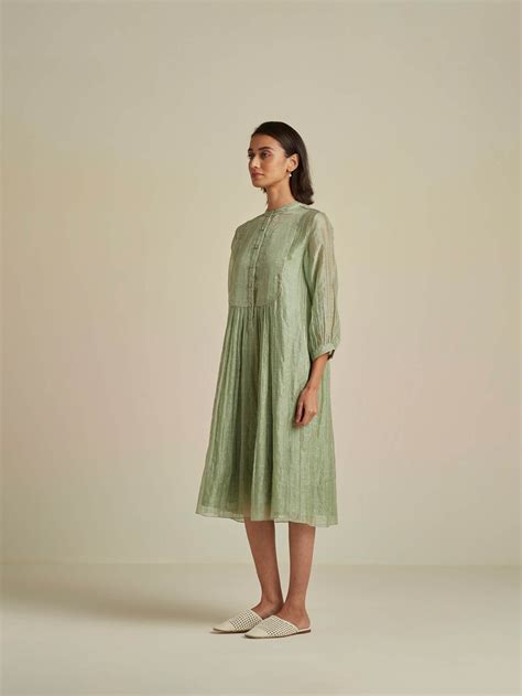 Seafoam Mandarin Collar Dress: Elegant Zari Tissue Dress