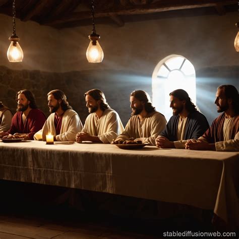 the last supper with jesus the 12 disciples atmospheric lighting with ...