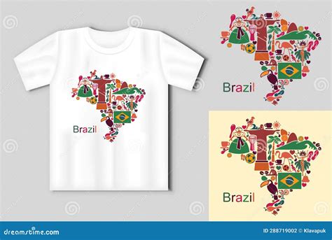 Map From Traditional Symbols Of Brazil. Travel Concept With T-shirt Mockup Vector Illustration ...