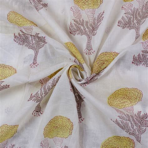 Buy Yellow Floral Cotton Block Pirnt Silk Fabric Online DMAASA.in