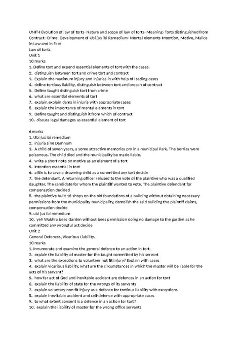 Law of Torts (Course Code) - Important Exam Questions and Key Concepts ...