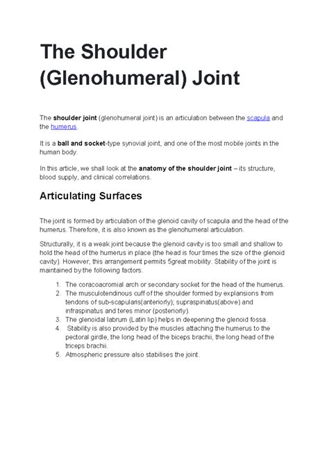 Anatomy and Clinical Aspects of the Shoulder Joint (Glenohumeral) - Studocu