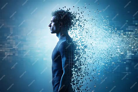 Human silhouette dissolving into pixels blurring reality and digital | Premium AI-generated image