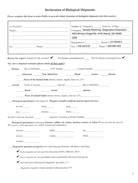 Otogenetics Declaration of Biological Shipments Form - Fill Online ...