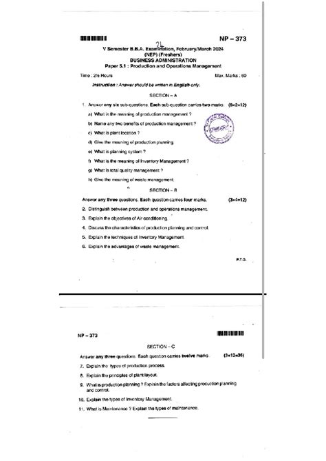 POM 24-25: B.B.A. Production & Operations Management Exam Questions ...