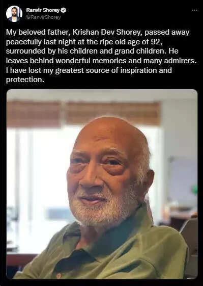 Ranvir Shoreys father KD Shorey passes away, the actor calls him ...