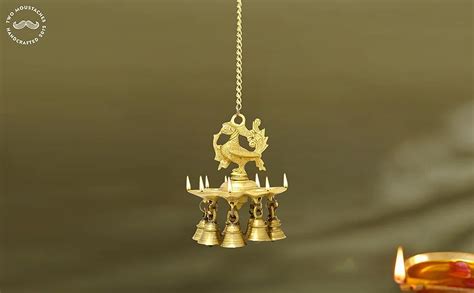 Buy Two Moustaches Peacock Design Brass Hanging Diya with Bells ...