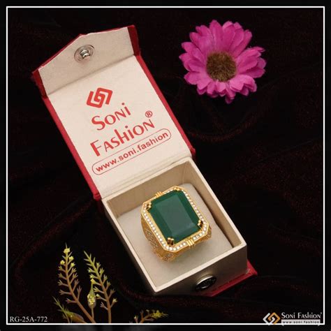 1 Gram Gold Plated Green Stone with Diamond Fashionable Design Ring fo ...