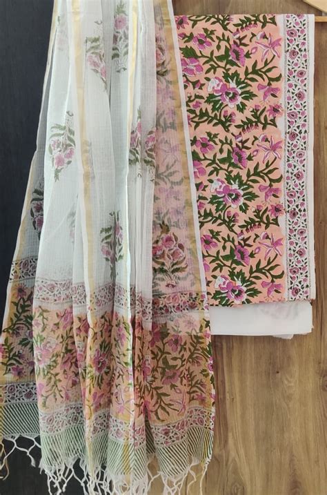 Appealing Floral Hand Block Print Pure Cotton Suit With Doria ...