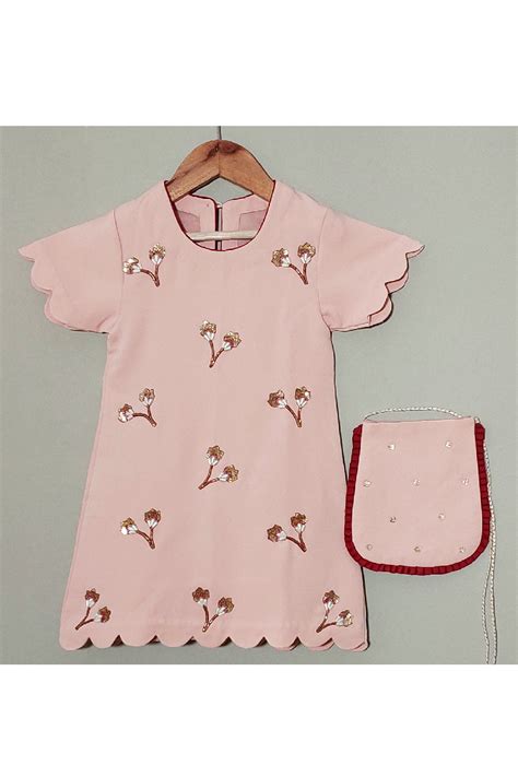 Pink Flower Embroidered Crepe Dress With Sling bag – Stylemylo