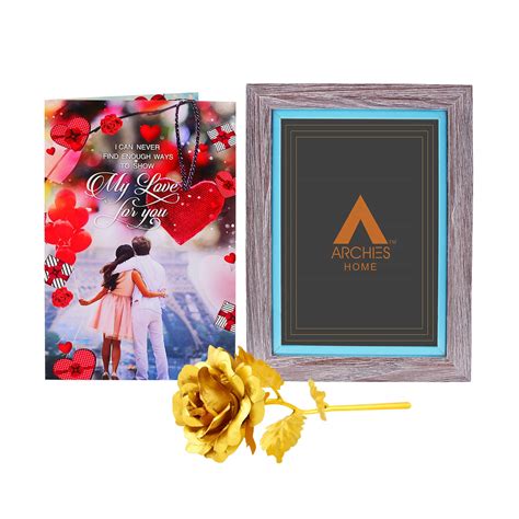 Archies Wood Photo Frame with Greeting Card and Golden Rose Set (14 cm ...
