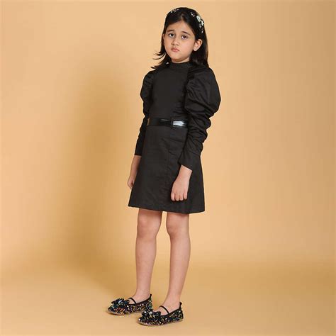 Shop Online Girls Black Solid Puff Sleeve Party Dress with Belt at ₹899