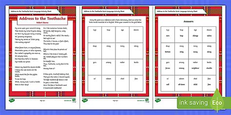 Address to the Toothache Scots Language Activity Sheet
