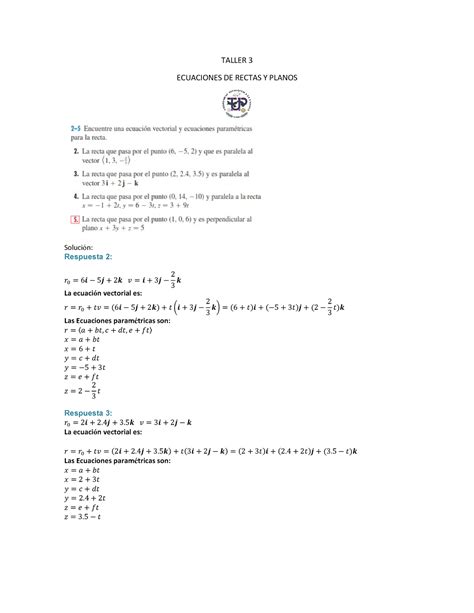 Taller #3 Yustin VEGA Calculo 3 - TALLER 3 ECUACIONES DE RECTAS Y ...