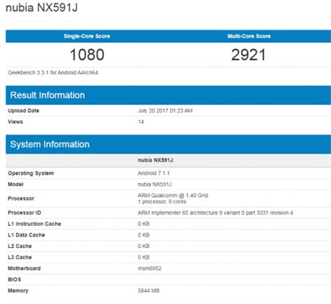 ZTE Nubia Z17 Lite appears on Geekbench with Snapdragon 617 SoC, 6GB ...