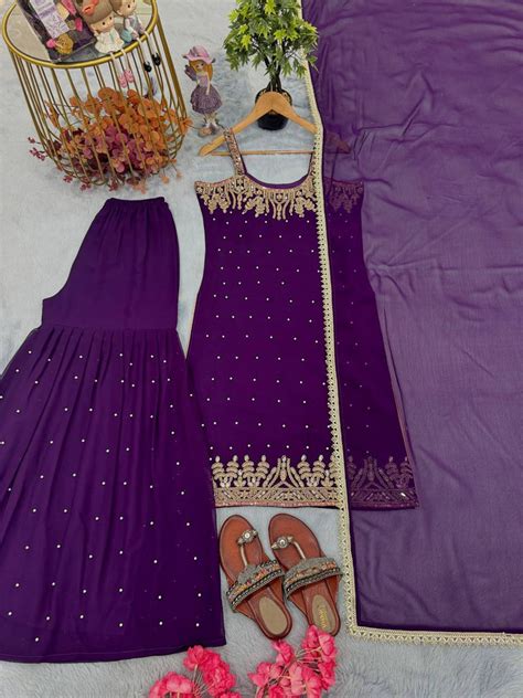 Purple Elegant Heavy Faux Georgette Handworked Top with Pala