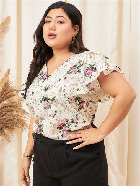 Women Beige & Pink Floral Printed V-Neck Flutter Sleeves Regular Top ...