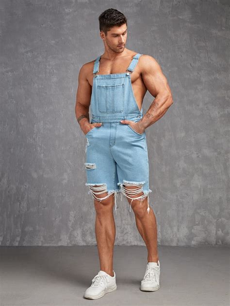 Manfinity StreetEZ Men Cotton Ripped Raw Trim Denim Overall Romper for ...
