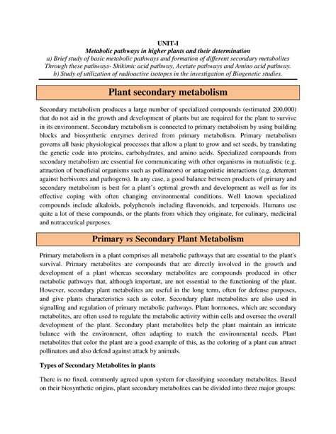 512, Unit 1: Metabolic Pathways & Secondary Metabolism in Plants - Studocu