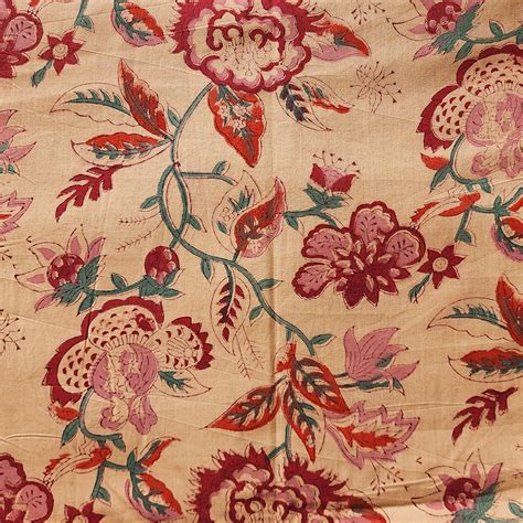 Pure Cotton Jaipuri Beige With Red Flower Jaal Hand Block Print Fabric ...