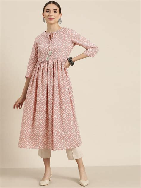 Buy Women Mauve Bandhej Gathered Kurta Online at Sassafras