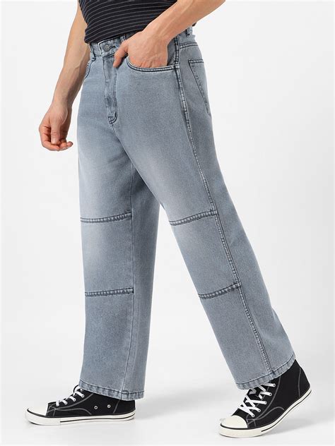 Men's Grey Loose Baggy Fit Cut and Sew Panelled Jeans Non-Stretchable ...