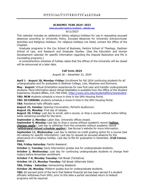 SMU Academic Calendar 2024-2025 | PDF | Jewish Holidays | Observances