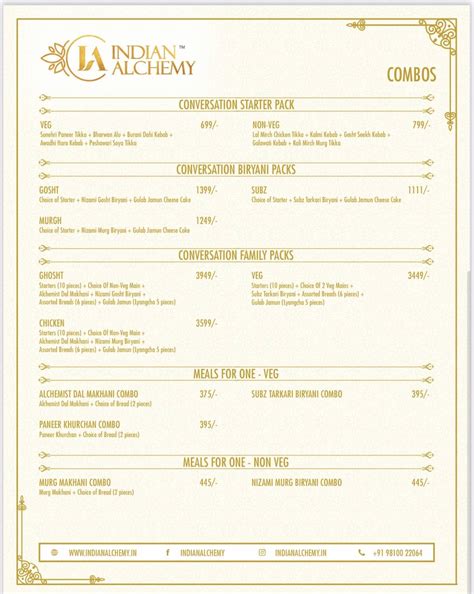 Menu at Indian Alchemy, Gurugram