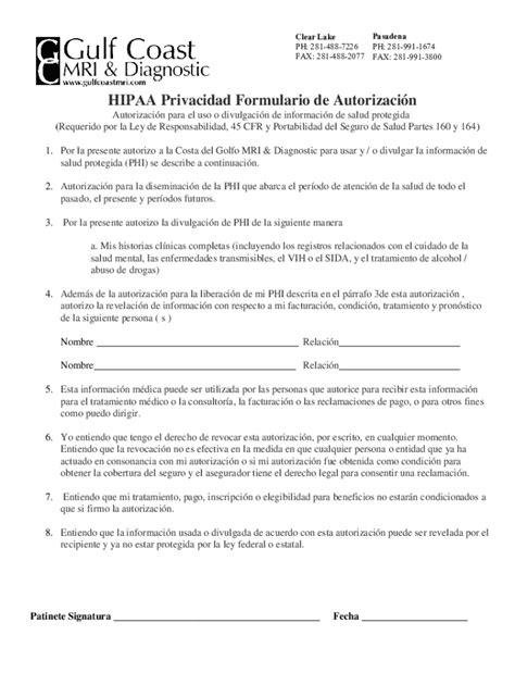 Fillable Online PDF HIPAA Privacidad Formulario de Autorizacin - Gulf ...