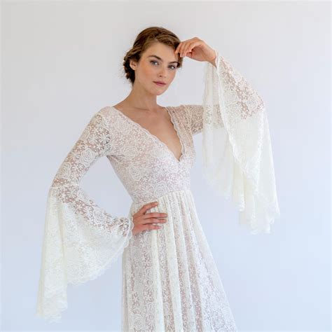 Boho Lace Bell Sleeve Wedding Dress With Blush Lining | Gown | Deep V-neck Romantic Lace Wedding ...